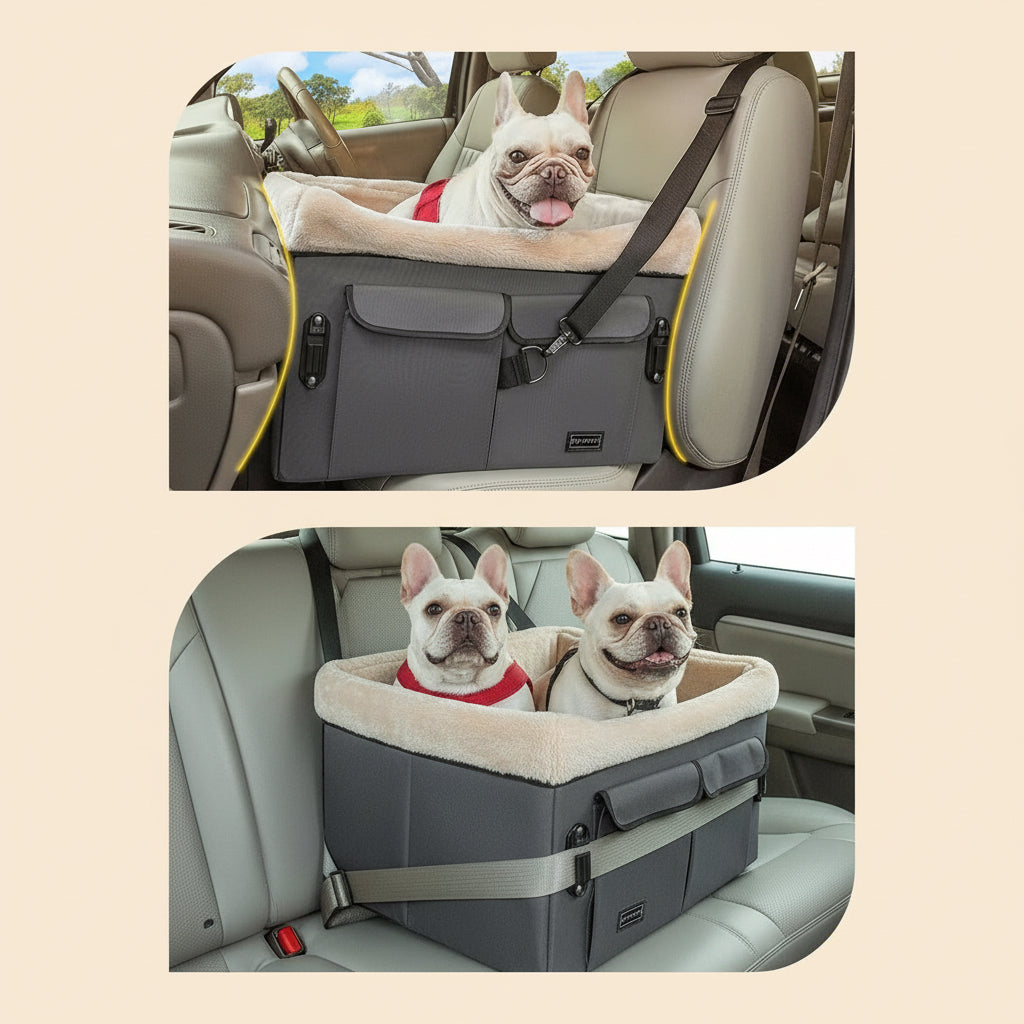 Dog Car Seat for Medium Dogs or 2 Small Dogs, Upgraded Dog Booster Car Seat for Front and Back Seats with 2 Safety Leashes (Medium, Deep Grey)