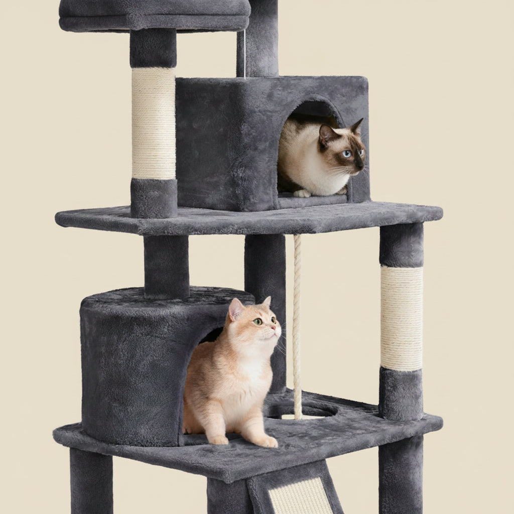 Yaheetech 62.5In Tall Cat Tree W/2 Cat-Ear Perches & 2 Condos, Dark Gray | Multi-Level Cat Tower with Scratching Posts, Hammock, Sturdy 24 X 19In Base and 88 Lb Capacity for Medium & Large Indoor Cats