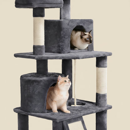 Yaheetech 62.5In Tall Cat Tree W/2 Cat-Ear Perches & 2 Condos, Dark Gray | Multi-Level Cat Tower with Scratching Posts, Hammock, Sturdy 24 X 19In Base and 88 Lb Capacity for Medium & Large Indoor Cats