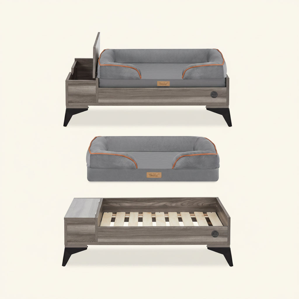 Wyatt Wooden Pet Bed with Mattress | Small to Medium Pet Bed with Mattress | Elevated Pet Bed | Wooden Pet Bed with Storage | Greenguard Gold Certified Wooden Pet Bed