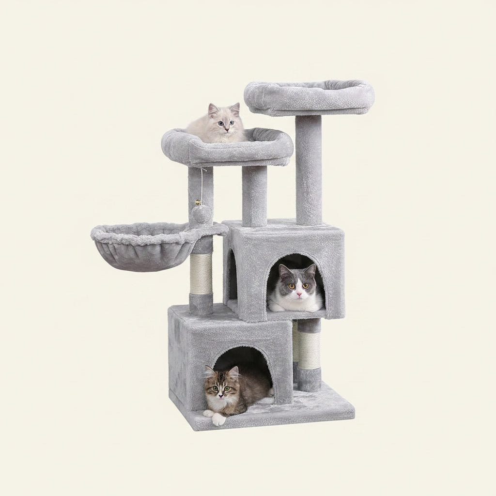 Cat Tree Tower Sisal Scratching Post Cat Condos Climbing Perch with Basket Cat House for Play Kitty Activity Center MMJ51L