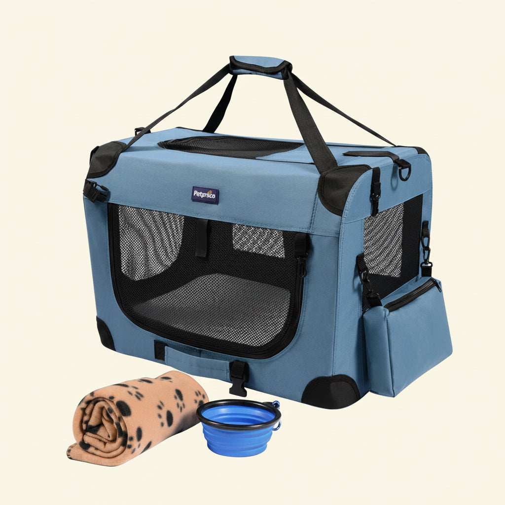 Portable Collapsible Dog Crate, 24" Soft Dog Crate for Car Travel | Includes Mat, Blanket & Bowl, Strong Fabric, 4-Sided Mesh Vents, 3 Doors, Fit Small Dogs & Large Cats Indoor and Outdoor Use