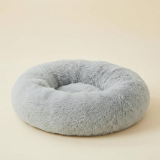 Small round Calming Dog Bed Cat Bed for Comfy Sleep | Dog Bed for Small Dog, Cute Washable Puppy Bed with Fuzzy Plush, Fur Anxiety Pet Bed Donut Cuddler (24X24X8In, Light Grey)