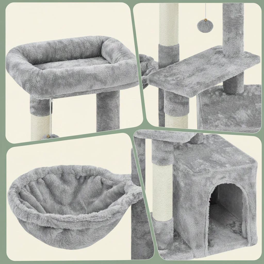 34In Small Cat Tree W/Condo & Basket for Indoor Cats, Light Gray | Scratching Posts, Soft Plush Platform & Window Perch, for Kittens & Small-Medium Cats up to 11 Lb, Easy to Assemble