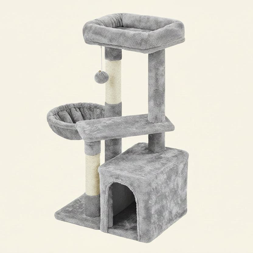 34In Small Cat Tree W/Condo & Basket for Indoor Cats, Light Gray | Scratching Posts, Soft Plush Platform & Window Perch, for Kittens & Small-Medium Cats up to 11 Lb, Easy to Assemble