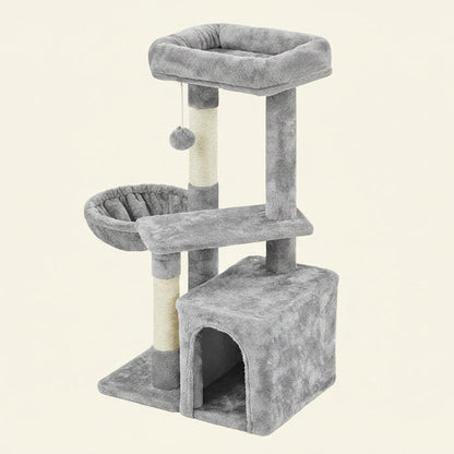 34In Small Cat Tree W/Condo & Basket for Indoor Cats, Light Gray | Scratching Posts, Soft Plush Platform & Window Perch, for Kittens & Small-Medium Cats up to 11 Lb, Easy to Assemble