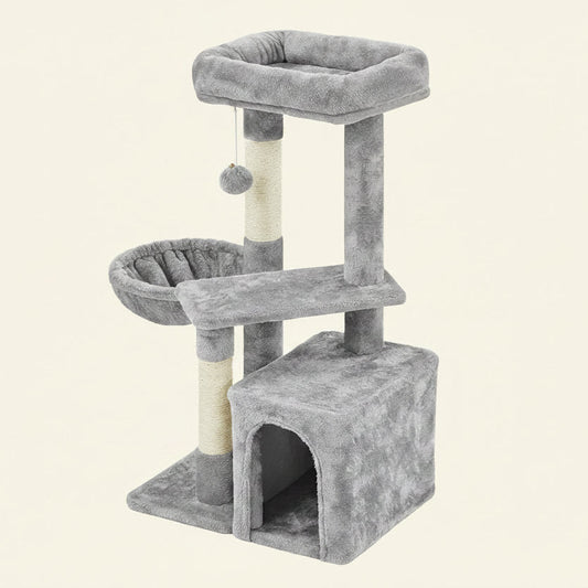 34In Small Cat Tree W/Condo & Basket for Indoor Cats, Light Gray | Scratching Posts, Soft Plush Platform & Window Perch, for Kittens & Small-Medium Cats up to 11 Lb, Easy to Assemble