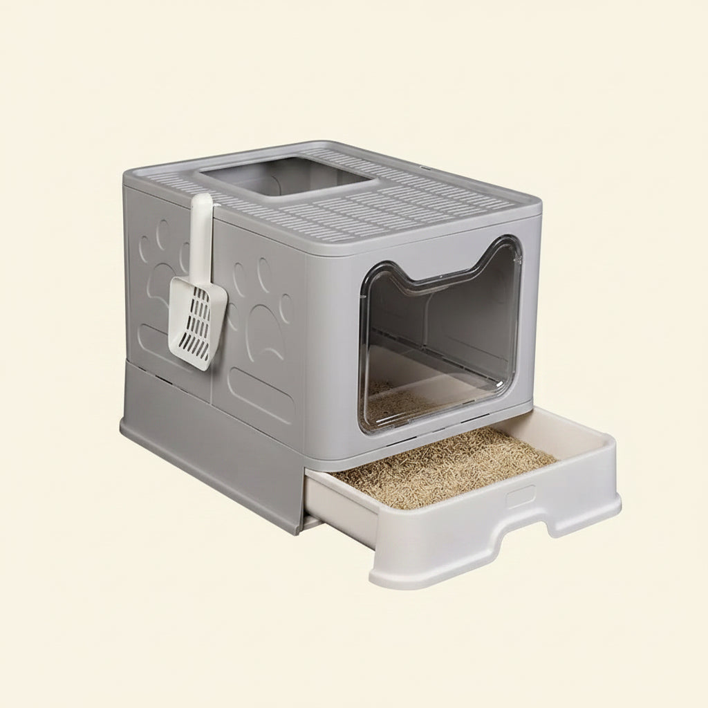XXL Large Space Foldable Cat Litter Box with Front Entry & Top Exit with Tray