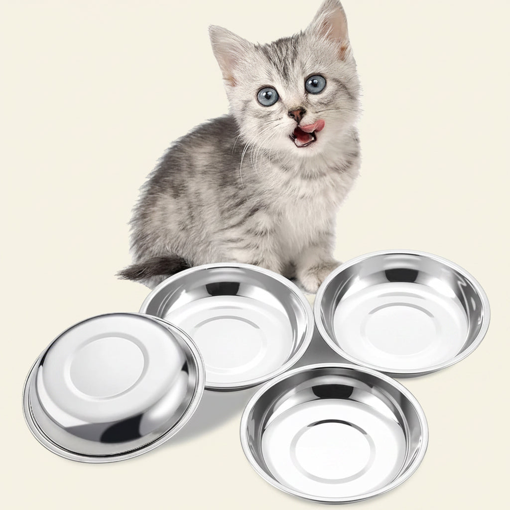 Stainless Steel Shallow Cat Food Bowl 6.5 Inch, Small Whisker Fatigue Cat Food Dish 15.2 Fl.Oz, Replacement Basic Kitten Bowls Bulk for Elevated Stand, Dishwasher Safe (Set of 4)