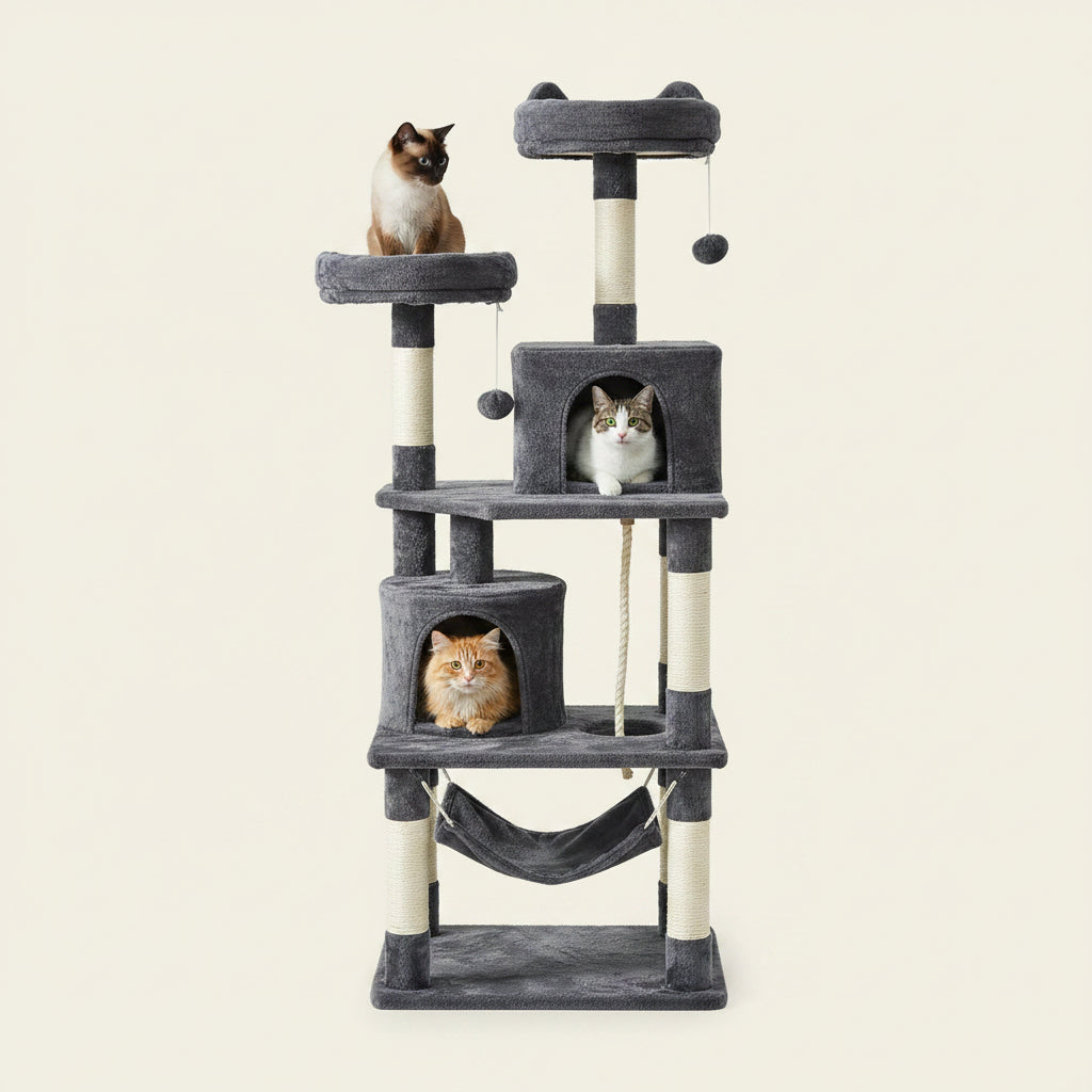 Yaheetech 62.5In Tall Cat Tree W/2 Cat-Ear Perches & 2 Condos, Dark Gray | Multi-Level Cat Tower with Scratching Posts, Hammock, Sturdy 24 X 19In Base and 88 Lb Capacity for Medium & Large Indoor Cats