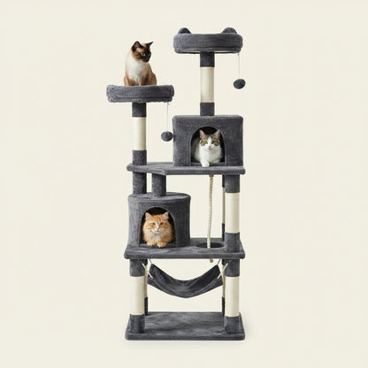 Yaheetech 62.5In Tall Cat Tree W/2 Cat-Ear Perches & 2 Condos, Dark Gray | Multi-Level Cat Tower with Scratching Posts, Hammock, Sturdy 24 X 19In Base and 88 Lb Capacity for Medium & Large Indoor Cats