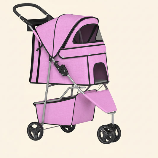 | 3-Wheel Pet Stroller | Pink | Foldable Dog and Cat Stroller | Breathable Mesh | Lightweight, Waterproof Travel Carrier with Cup Holder & Storage Basket | for Daily Walks & Outdoor Use
