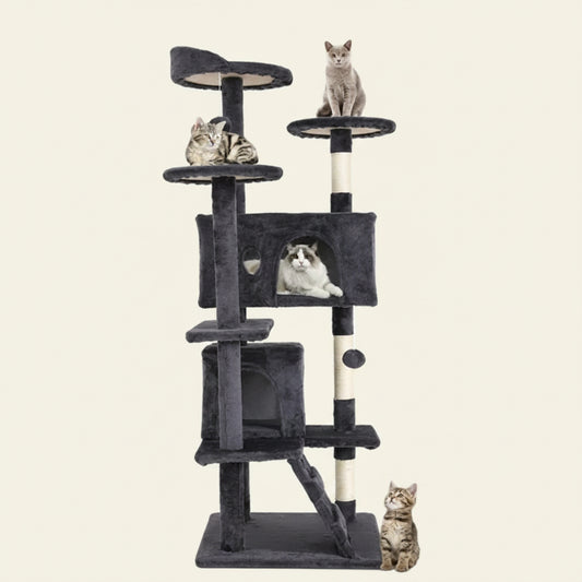54-In Double Condo Cat Tree Tower Playhouse with Scratching Post & Perch for Indoor, Ashy
