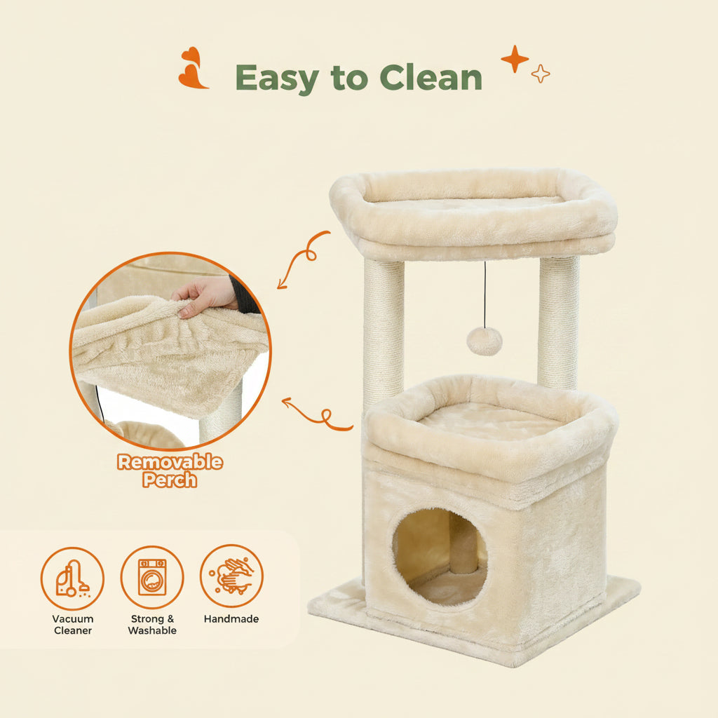 27" Cat Tree for Medium Cats Plush Condo and Scratching Posts, Beige
