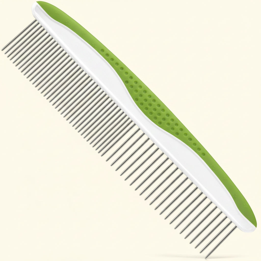 Dog & Cat Comb – Removes Tangles, Knots, and Matted Fur – Grooming Tool with Stainless Steel Teeth and Non-Slip Handle – Best Pet Hair Comb for Home Grooming Kit – Includes Ebook Guide