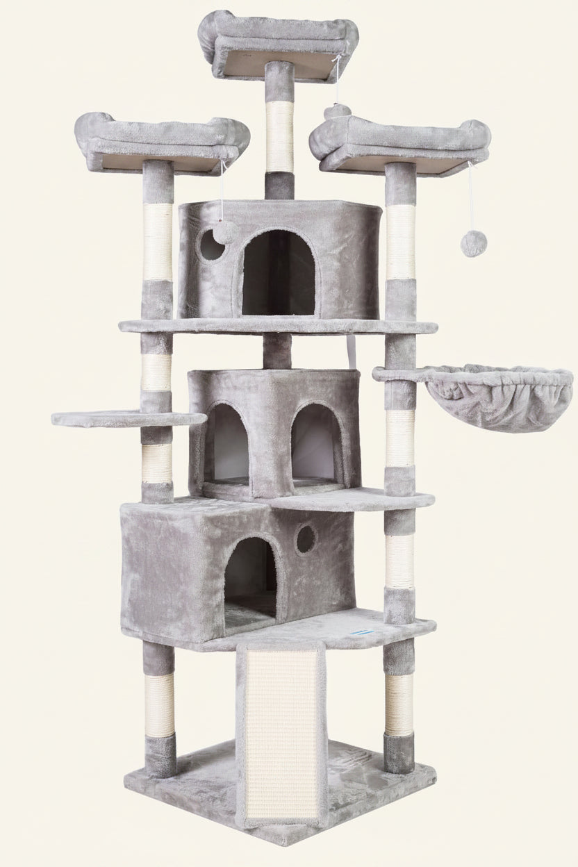 Cat Tree Tower with Multi-Level Large Condo, Platform, MPJ032W | 73.4 Inch Cat Tower with 3 Caves, 3 Cozy Perches, Scratching Posts, Board, Activity Center Stable for Indoor Cats, Light Gray