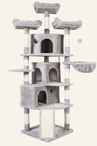 Cat Tree Tower with Multi-Level Large Condo, Platform, MPJ032W | 73.4 Inch Cat Tower with 3 Caves, 3 Cozy Perches, Scratching Posts, Board, Activity Center Stable for Indoor Cats, Light Gray