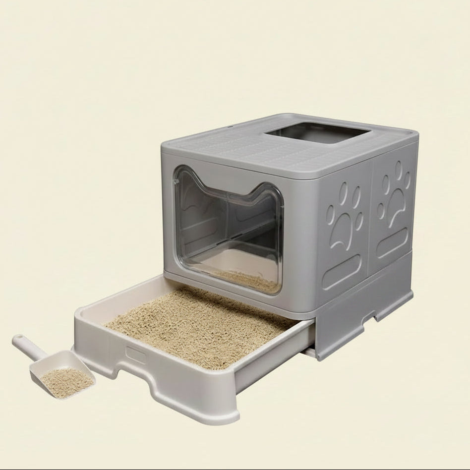XXL Large Space Foldable Cat Litter Box with Front Entry & Top Exit with Tray