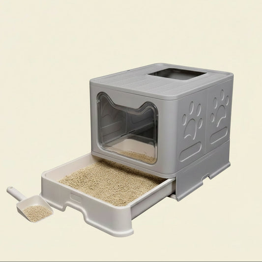 XXL Large Space Foldable Cat Litter Box with Front Entry & Top Exit with Tray