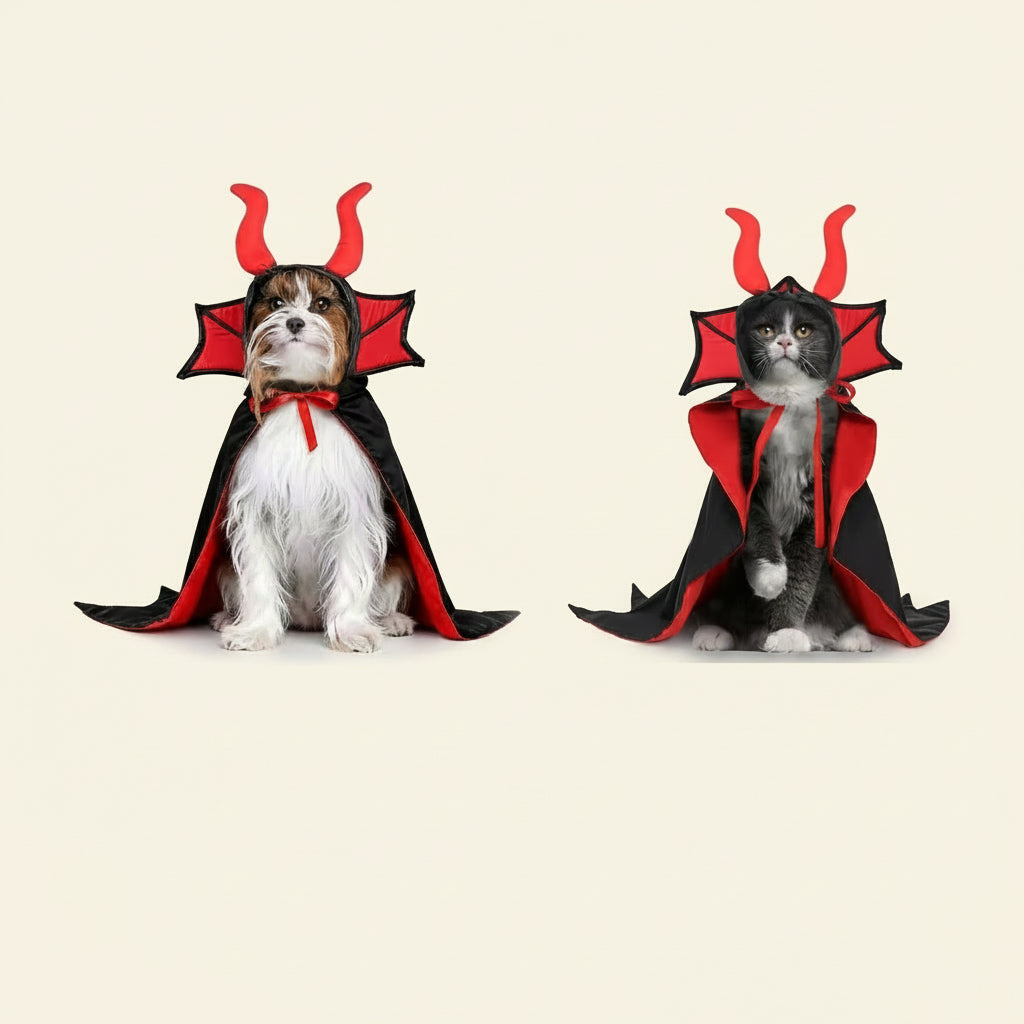 Cat Costume,Dog Halloween Costumes, Adjustable Vampire Costume with Devil Horns, Comfortable Halloween Costumes for Dogs Cats