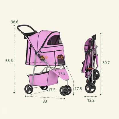 | 3-Wheel Pet Stroller | Pink | Foldable Dog and Cat Stroller | Breathable Mesh | Lightweight, Waterproof Travel Carrier with Cup Holder & Storage Basket | for Daily Walks & Outdoor Use