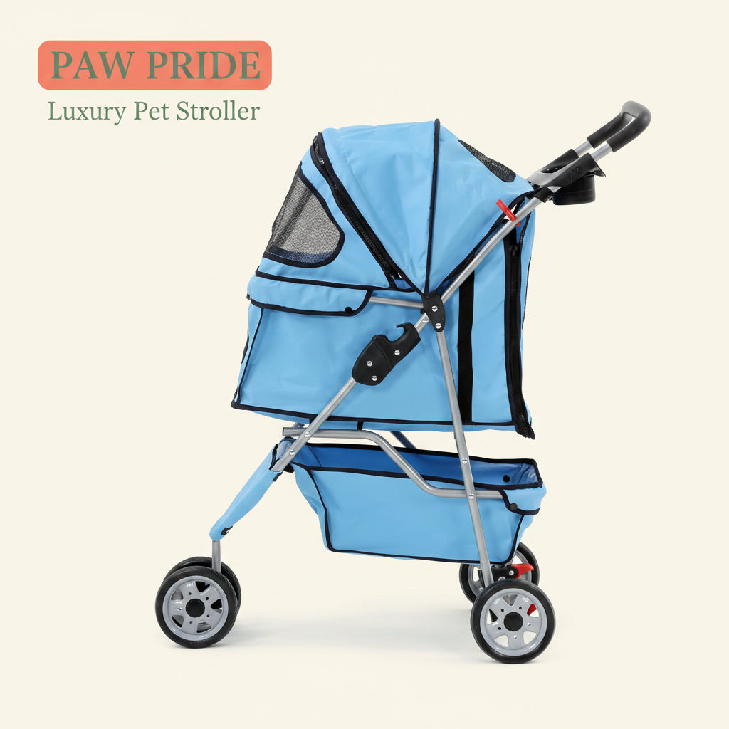3-Wheel Pet Stroller, Lightweight Foldable Dog Stroller for Small Medium Dogs & Cats, Breathable Mesh & Weather Cover with Storage Basket, for Daily Walk Outdoor Travel (Blue)