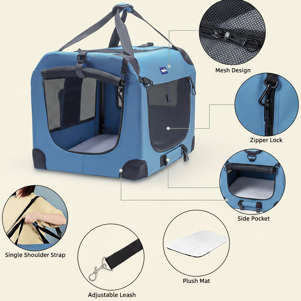 Portable Collapsible Dog Crate, 24" Soft Dog Crate for Car Travel | Includes Mat, Blanket & Bowl, Strong Fabric, 4-Sided Mesh Vents, 3 Doors, Fit Small Dogs & Large Cats Indoor and Outdoor Use