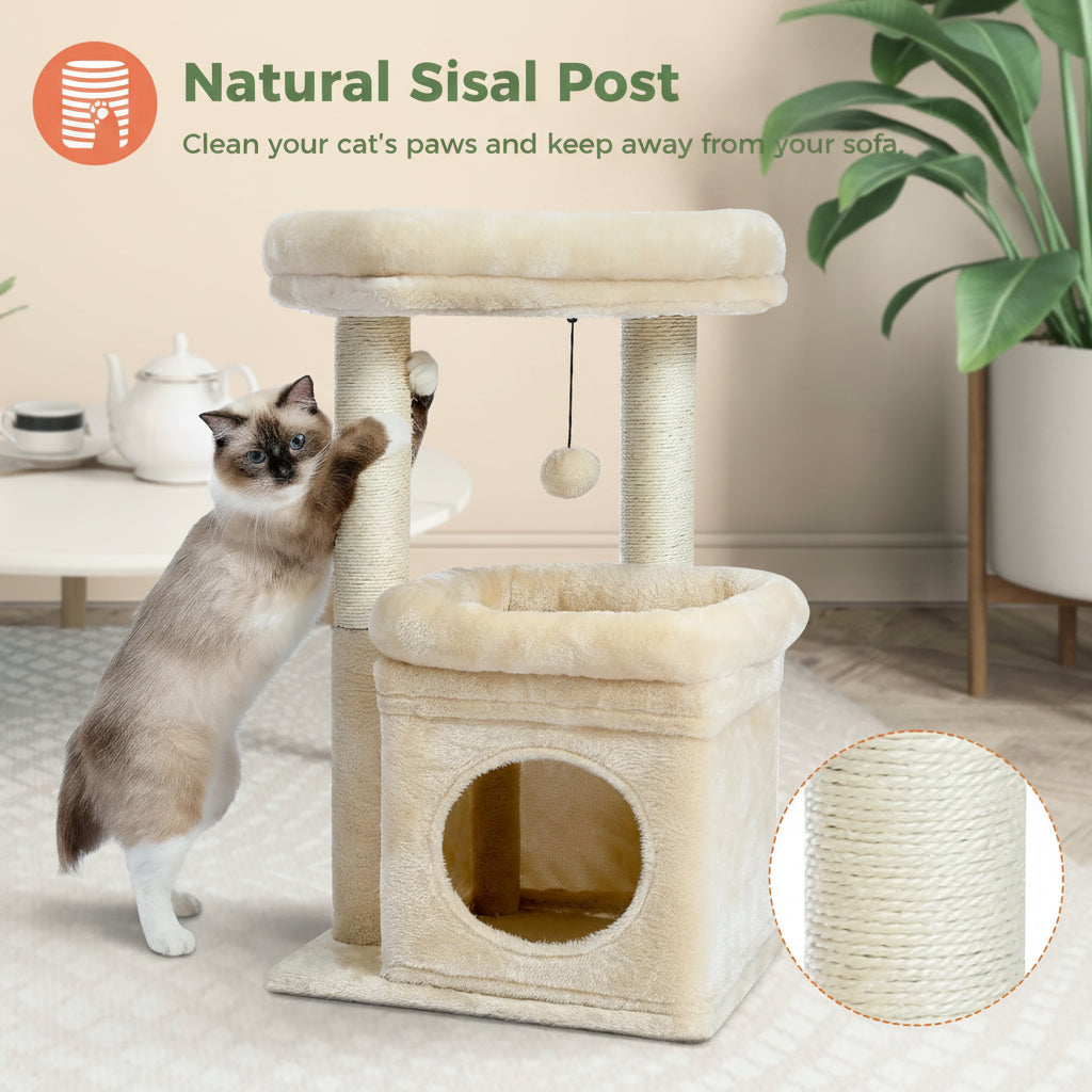 27" Cat Tree for Medium Cats Plush Condo and Scratching Posts, Beige