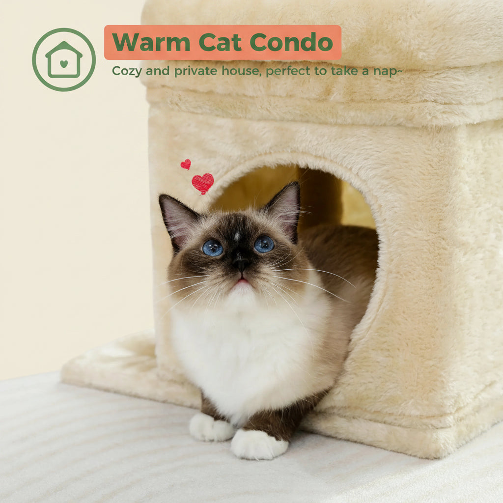 27" Cat Tree for Medium Cats Plush Condo and Scratching Posts, Beige