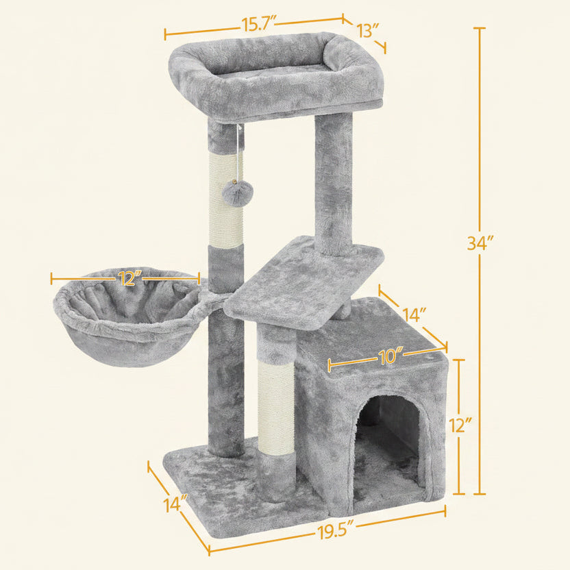 34In Small Cat Tree W/Condo & Basket for Indoor Cats, Light Gray | Scratching Posts, Soft Plush Platform & Window Perch, for Kittens & Small-Medium Cats up to 11 Lb, Easy to Assemble