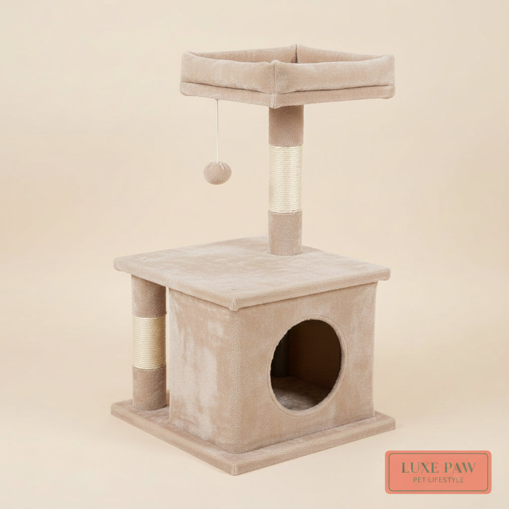27" Cat Tree for Medium Cats Plush Condo and Scratching Posts, Beige