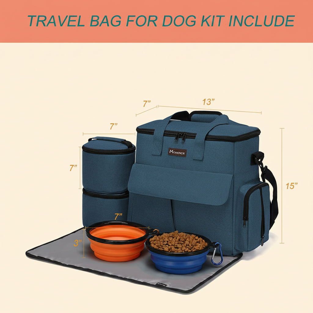 Weekend Dog Travel Bag Set with 2 Food Bags, 2 Bowls and Mat,Blue | Dog Travel Accessories Organizer for Camping and Road Trips with Roomy Storage, Multiple Pockets and Water-Resistant Oxford