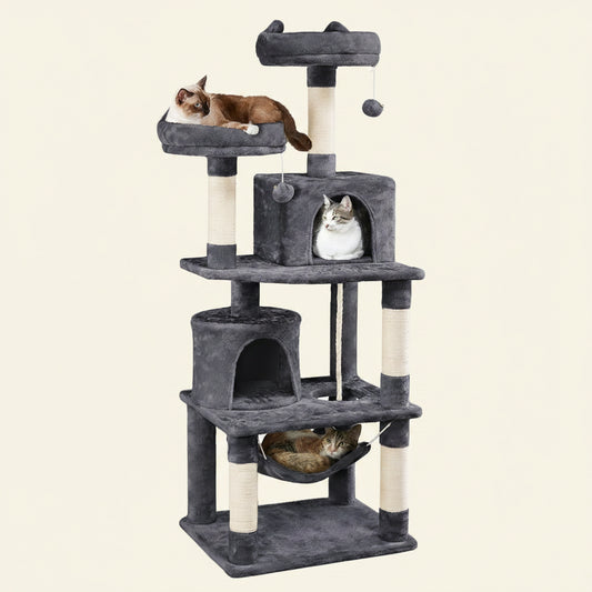 Yaheetech 62.5In Tall Cat Tree W/2 Cat-Ear Perches & 2 Condos, Dark Gray | Multi-Level Cat Tower with Scratching Posts, Hammock, Sturdy 24 X 19In Base and 88 Lb Capacity for Medium & Large Indoor Cats