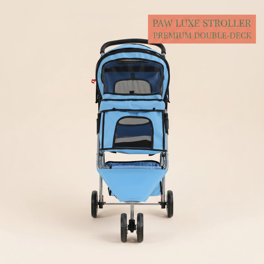 3-Wheel Pet Stroller, Lightweight Foldable Dog Stroller for Small Medium Dogs & Cats, Breathable Mesh & Weather Cover with Storage Basket, for Daily Walk Outdoor Travel (Blue)