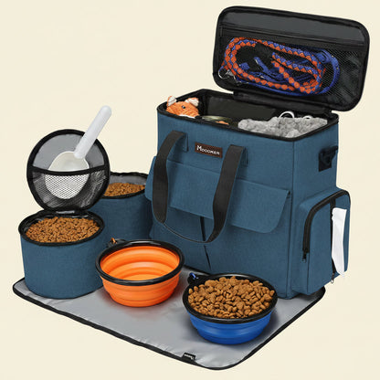 Weekend Dog Travel Bag Set with 2 Food Bags, 2 Bowls and Mat,Blue | Dog Travel Accessories Organizer for Camping and Road Trips with Roomy Storage, Multiple Pockets and Water-Resistant Oxford