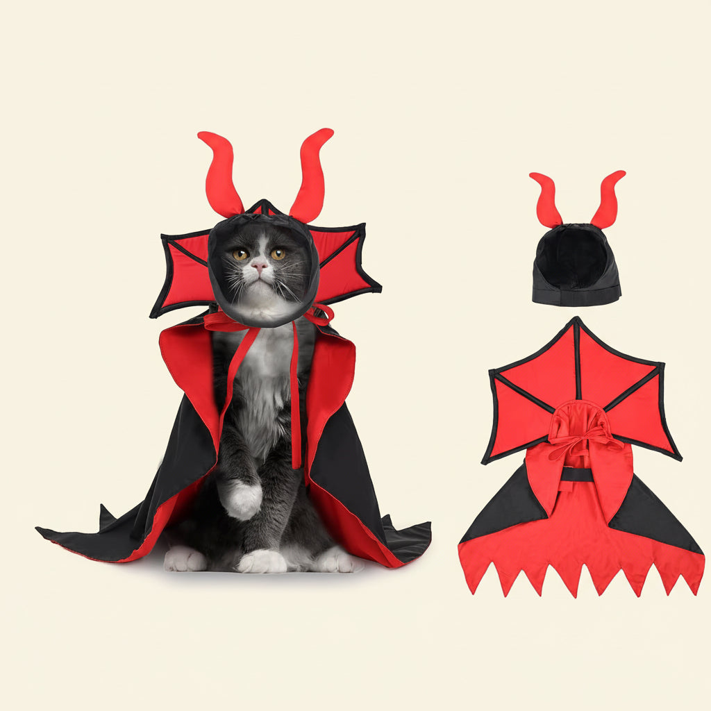 Cat Costume,Dog Halloween Costumes, Adjustable Vampire Costume with Devil Horns, Comfortable Halloween Costumes for Dogs Cats