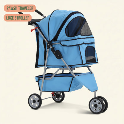 3-Wheel Pet Stroller, Lightweight Foldable Dog Stroller for Small Medium Dogs & Cats, Breathable Mesh & Weather Cover with Storage Basket, for Daily Walk Outdoor Travel (Blue)