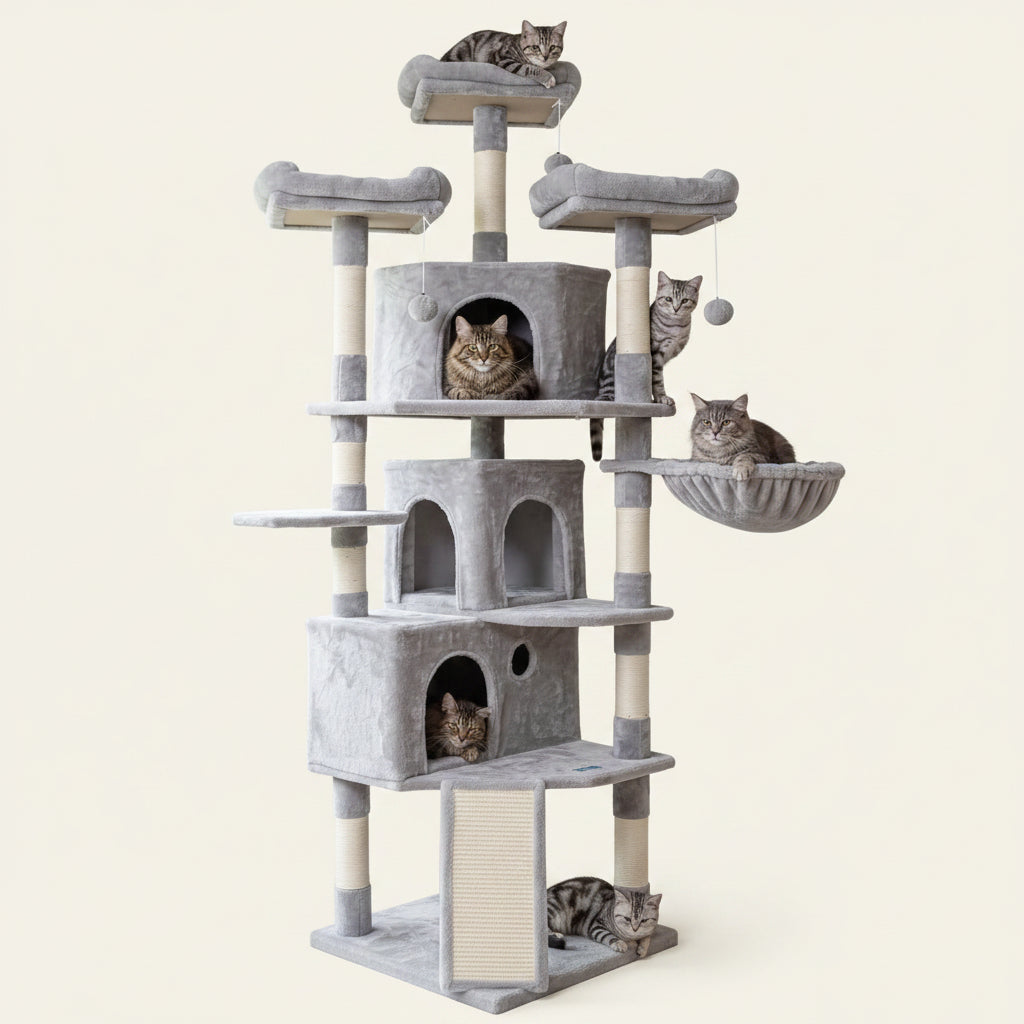 Cat Tree Tower with Multi-Level Large Condo, Platform, MPJ032W | 73.4 Inch Cat Tower with 3 Caves, 3 Cozy Perches, Scratching Posts, Board, Activity Center Stable for Indoor Cats, Light Gray