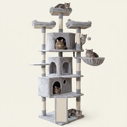 Cat Tree Tower with Multi-Level Large Condo, Platform, MPJ032W | 73.4 Inch Cat Tower with 3 Caves, 3 Cozy Perches, Scratching Posts, Board, Activity Center Stable for Indoor Cats, Light Gray