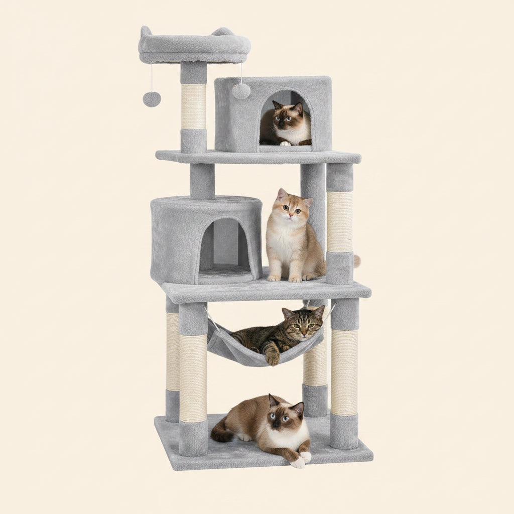 Yaheetech 62.5Inches Cat Tree Cat Tower Cat Condo with Platform & Hammock, Scratching Posts for Kittens Pet Play House with Plush Perch for Indoor Activity Relaxing, Light Gray
